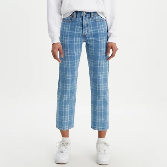 Levi's x Free People Blue Plaid Print High Rise Button Fly Wedgie Straight Jeans - Picture 3 of 13